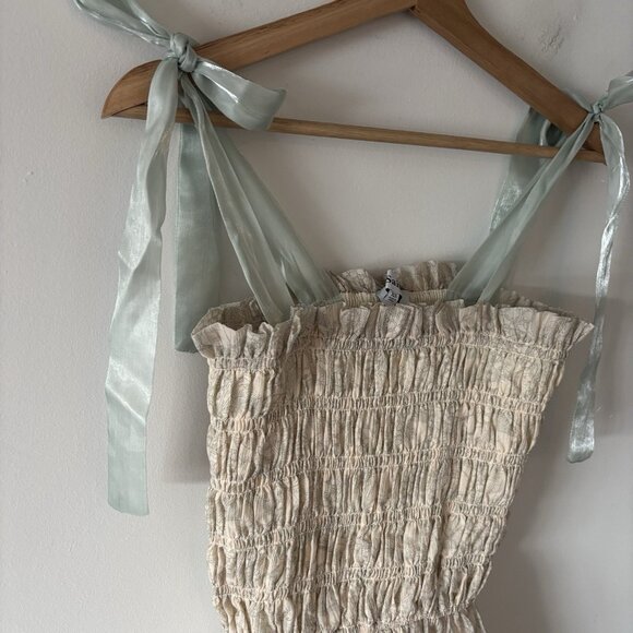 En Saison Milkmaid Cottagecore Toile Romantic Midi Dress Size XS Smocked Bow Tie - Picture 9 of 16